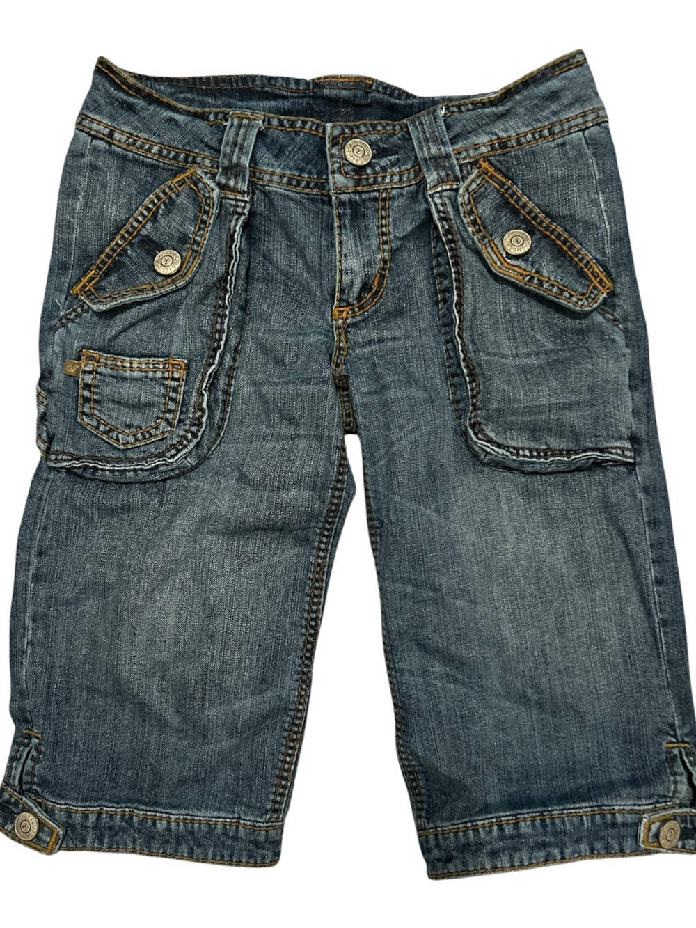 infusion Women’s Denim Bermuda Cargo Shorts Size 28 Blue Flap Pocket Stretch